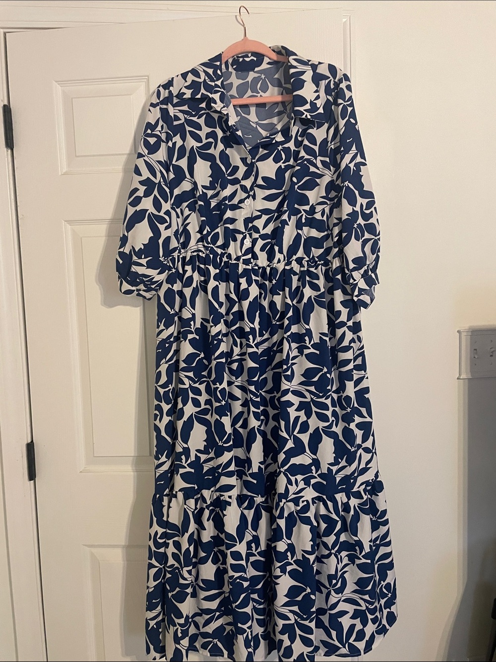 SHEIN Navy and White Leaf-Print Collared Maxi Dress